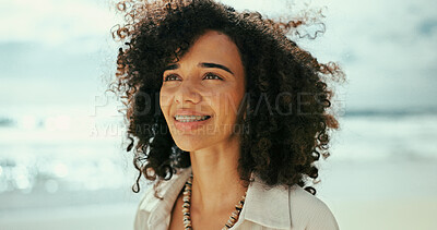 Buy stock photo Thinking, smile and woman at sea for holiday, vacation and outdoor travel for adventure. Beach, face and happy female person in nature at ocean for trip, summer and tourism ideas on island in Spain