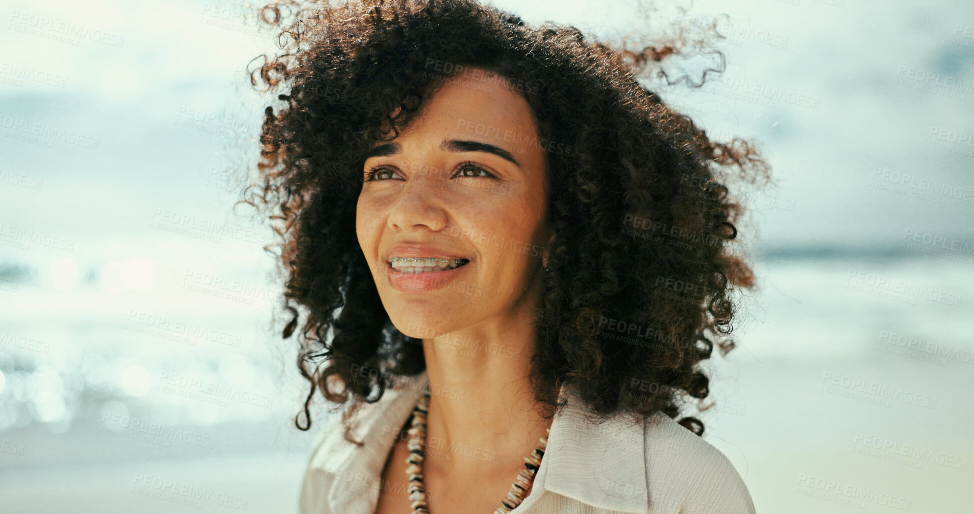 Buy stock photo Thinking, smile and woman at sea for holiday, vacation and outdoor travel for adventure. Beach, face and happy female person in nature at ocean for trip, summer and tourism ideas on island in Spain