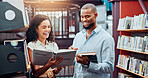 Reading, library and man and woman with books for information, research and knowledge. University, college friends and students with textbooks for literature, learning and education for study group