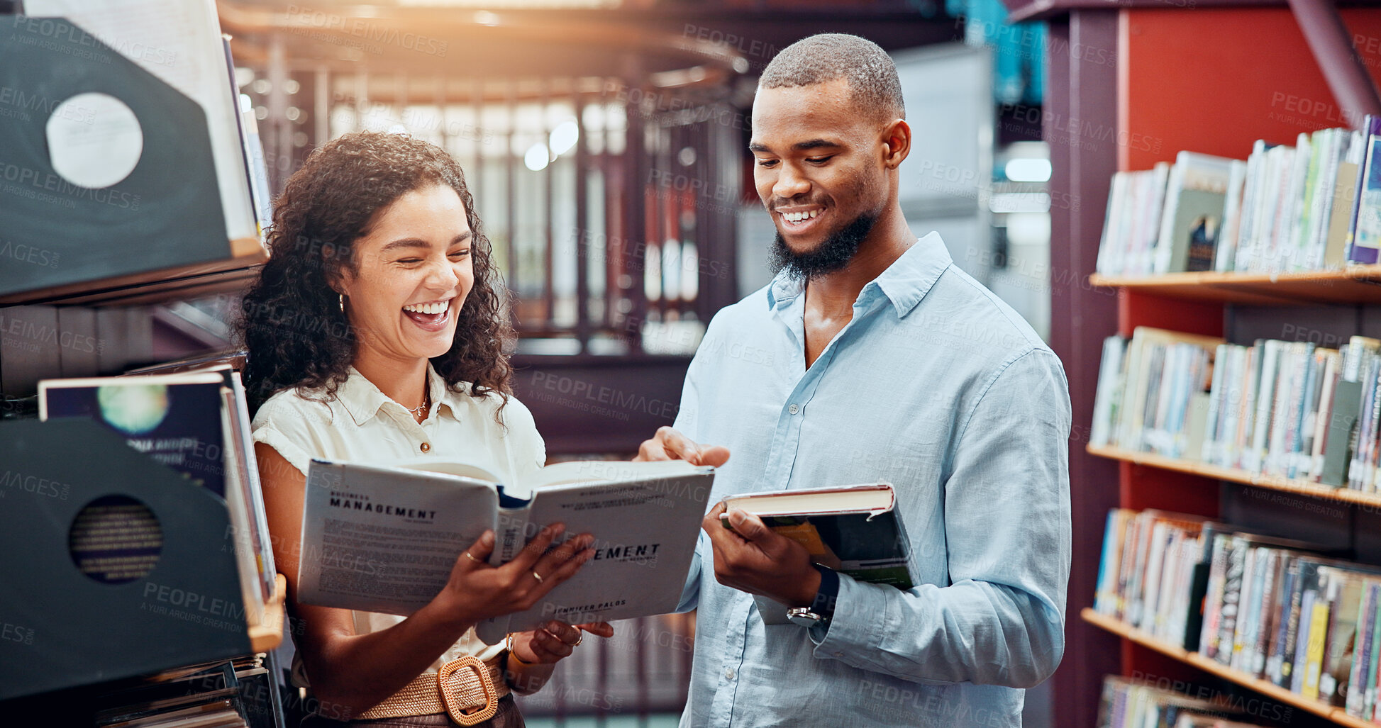 Buy stock photo Reading, library and man and woman with books for information, research and knowledge. University, college friends and students with textbooks for literature, learning and education for study group