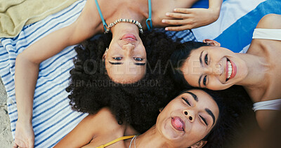 Buy stock photo Above, selfie and friends with portrait, tongue out and travel with summer holiday. Vacation, people and women with smile, outdoor and collaboration with fun, weekend break or reunion with bonding