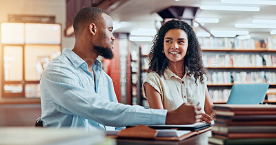 Buy stock photo University, talking and students in library on laptop for online research, information and studying for project. College, academy and man and woman with books for education, knowledge and learning