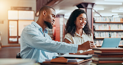 Buy stock photo University, books and students in library on laptop for online research, information and studying for project. College, academy and man and woman on computer for education, knowledge and learning