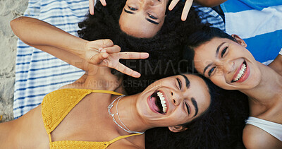 Buy stock photo Above, selfie and friends with portrait, peace sign and travel with summer holiday. Vacation, beach and women with smile, outdoor and collaboration with fun, weekend break or reunion with bonding
