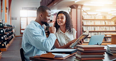 Buy stock photo College, reading and students in library for studying, online research and information for project. University, academy and man and woman with books on laptop for education, knowledge and learning