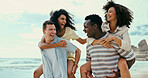 Friends, laugh and piggyback with beach, holiday or group vacation with ocean social gathering. Smile, happy and men carrying women with travel, fun and bonding with comic games and summer adventure