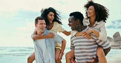 Buy stock photo Friends, laugh and piggyback with beach, holiday or group vacation with ocean social gathering. Smile, happy and men carrying women with travel, fun and bonding with comic games and summer adventure