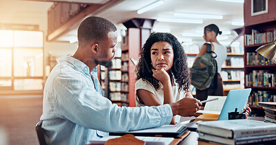 Buy stock photo University, studying and students in library on laptop for online research, information and learning for project. College, academy and man and woman with books for education, knowledge and exam prep