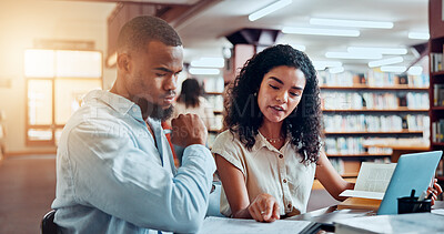Buy stock photo University, friends and students in library on laptop for online research, information and studying for project. College, academy and man and woman with books for education, knowledge and learning