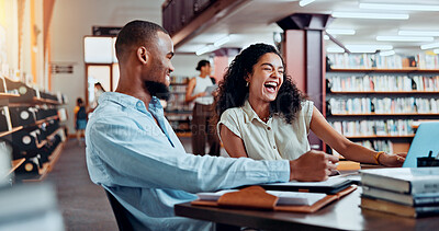 Buy stock photo University, laugh and students in library on laptop for online research, information and studying for project. College, friends and man and woman with books for education, knowledge and learning