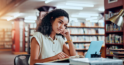 Buy stock photo Student, thinking and studying in library for university, woman and learning for education or project. Female person, book and academy campus with literature, research and assignment for knowledge