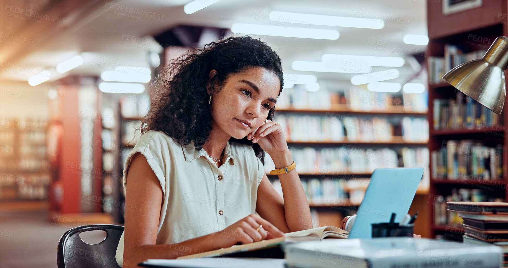 Buy stock photo Student, thinking and studying in library for university, woman and learning for education or project. Female person, book and academy campus with literature, research and assignment for knowledge