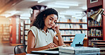 Student, reading and studying in library for university, woman and learning for education or project. Female person, book and academy campus with literature, research and assignment for knowledge