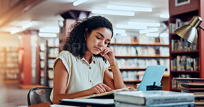 Buy stock photo Student, reading and studying in library for university, woman and learning for education or project. Female person, book and academy campus with literature, research and assignment for knowledge