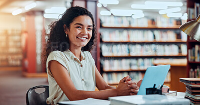 Buy stock photo Portrait, learning and happy woman with laptop in library for knowledge, education and studying in college. Computer, bookstore and student in university for research online or academic scholarship