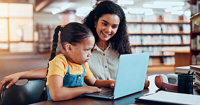 Buy stock photo Girl, mom and smile with laptop at library with e learning, support and guide for development with test. People, mother and daughter by computer, scholarship and excited for results with education