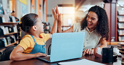 Buy stock photo Girl, mom and high five with laptop at library with e learning, goals and success for development with test. People, mother and daughter by computer, celebration or excited for results with education