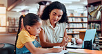 Mom, girl and e learning by laptop at library with test, notes and support for education, development or reading. Family, mother and daughter with pc, book or help with online course for scholarship