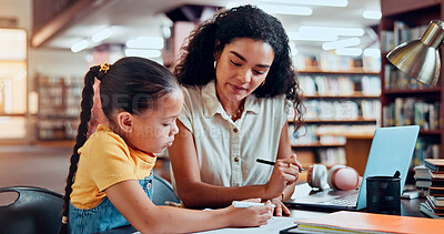 Buy stock photo Woman, girl and learning with book at library with test, notes and advice for education, development or reading. Tutor, school child and support with assessment, help and course for scholarship