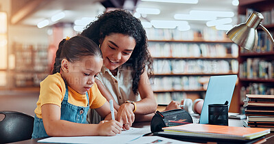 Buy stock photo Mom, girl and learning with writing at library with smile, notes and support for assessment, development or reading. Child, mother and daughter with pc, book or guide with education for scholarship
