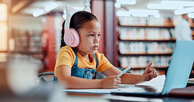Buy stock photo Student, child and laptop with headphones in library for elearning lesson, online teaching platform or video call. Distance learning, education or girl with technology for language class or knowledge