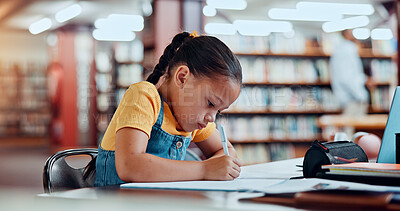 Buy stock photo Child, girl and writing in library for education, student with notebook for learning and knowledge at academy campus. Scholarship, growth and development, language or maths for school assessment