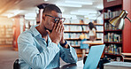 Black man, laptop and stress in library for education, research or project deadline for university student. African person, glasses and headache with eye strain on campus for overtime or burnout