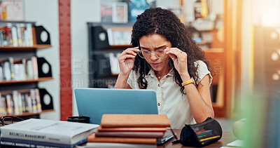 Buy stock photo Woman, laptop and confused in library with report for studying, research and project deadline for university. Female person, glasses and stress on campus with education, burnout and scholarship