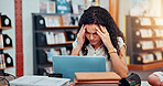 Migraine, headache and woman student with laptop in library studying for exam, assignment or test. Stress, burnout and female person with university research online with computer for education