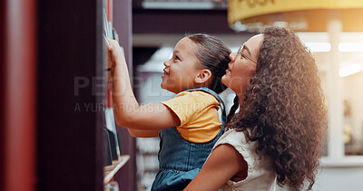 Buy stock photo Bookshelf, mother and girl with support, help and bonding together with hobby, learning and knowledge. Family, parent and mama with daughter, literacy and love with options, decision and education