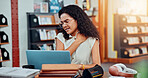 Woman, laptop and neck pain in library for education, research or project deadline for university student. Female person, stress and anxiety with strain on campus for overtime, burnout or report