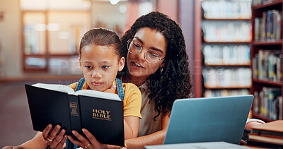 Buy stock photo Teacher, child and reading bible for learning story, knowledge or education support in library. Christian school, spiritual guide or teaching kid with storytelling or holy scripture, god or history