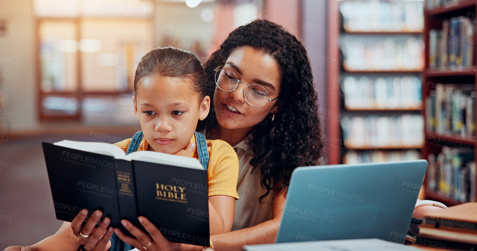 Buy stock photo Teacher, child and reading bible for learning story, knowledge or education support in library. Christian school, spiritual guide or teaching kid with storytelling or holy scripture, god or history