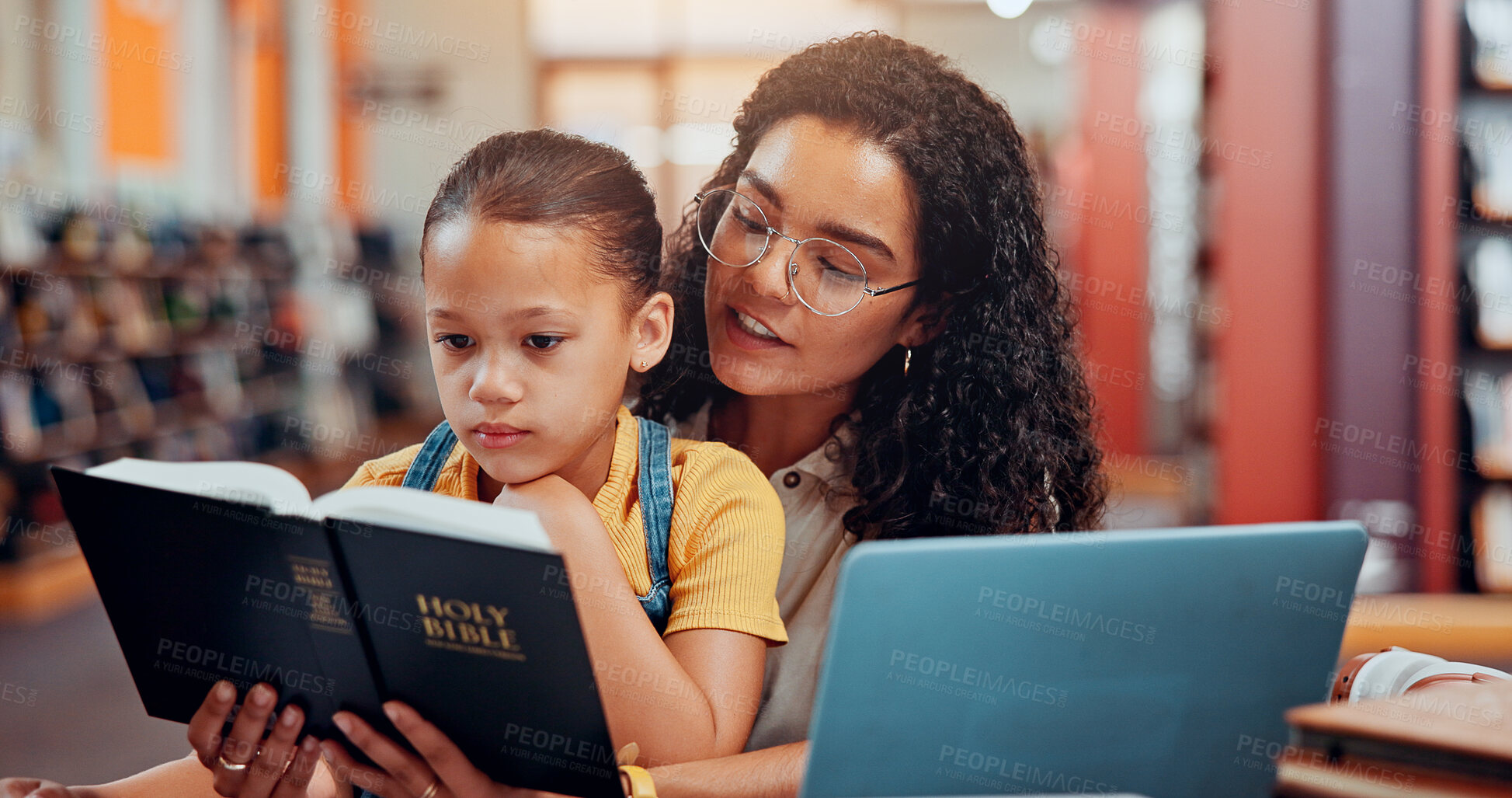 Buy stock photo Mom, girl and bible with reading at library with faith, God and support for education, development and religion. Child, mother and daughter with scripture, book and Christian literature for learning