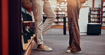 Buy stock photo Couple, school or legs of people library for dating, college education and talking on break. University, love or shoes of students flirting in campus for learning, relationship and studying together