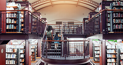 Buy stock photo Tutor, girl and library stairs with study for information, learning or knowledge for academic woman. Book session, student development and education with teacher, scholarship and back of people