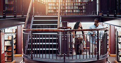 Buy stock photo University, students and library stairs with study for information, learning or knowledge for academic citation. Book session, friends and education with research, scholarship and walking people