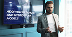 Businessman, meeting and presentation with screen for new strategy, discussion or innovation at office. Man, speaker or employee with technology display or proposal for remote or hybrid development