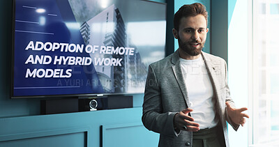 Buy stock photo Businessman, meeting and presentation with screen for new strategy, discussion or innovation at office. Man, speaker or employee with technology display or proposal for remote or hybrid development