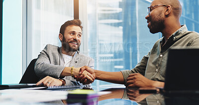 Buy stock photo Meeting, team and men with handshake, boardroom and smile for agreement, discussion and communication. Happy, colleagues and shaking hands for ideas in business, people or plan for marketing strategy