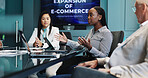 Business people, screen and talking in meeting for ecommerce apps, corporate pitch or information. Stakeholder, online expansion and women in discussion for digital banking and account management