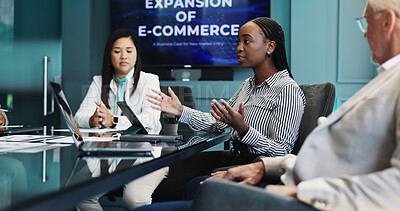 Buy stock photo Business people, screen and talking in meeting for ecommerce apps, corporate pitch or information. Stakeholder, online expansion and women in discussion for digital banking and account management