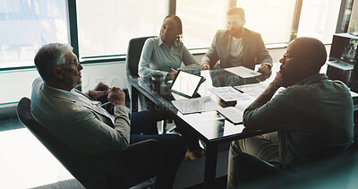 Buy stock photo Meeting, colleagues and people with documents, discussion and analysis of stats, team and company. Corporate, collaboration and updates of charts in business, planning and communication in boardroom