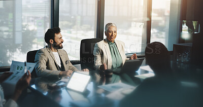 Buy stock photo Meeting, collaboration and people with documents, boardroom and discussion for stats, team and company. Corporate, colleagues and analysis of charts in business, planning or communication for updates