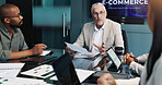 Meeting, group and collaboration for ideas, boardroom and plan for marketing strategy with graphs. Business, brainstorming and people with tech for customer trends, ecommerce and paperwork with stats