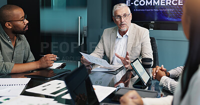 Buy stock photo Meeting, group and collaboration for ideas, boardroom and plan for marketing strategy with graphs. Business, brainstorming and people with tech for customer trends, ecommerce and paperwork with stats