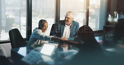 Buy stock photo Boardroom, group and handshake for collaboration, deal and smile for successful meeting and colleagues. Charts, happy and shaking hands for agreement in business, people and gesture for teamwork