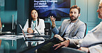 Brainstorming, team and people in meeting, talking and laptop with updates of regulations and info. Boardroom, ideas and planning for strategy, group and analysis of market competition with tech