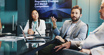 Buy stock photo Brainstorming, team and people in meeting, talking and laptop with updates of regulations and info. Boardroom, ideas and planning for strategy, group and analysis of market competition with tech