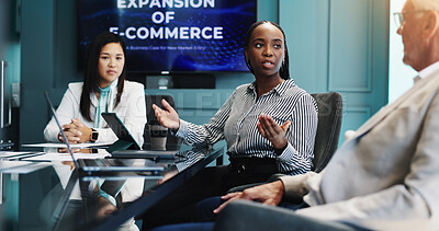 Buy stock photo Planning, group and colleagues in boardroom, discussion and tech with market analysis for business. Collaboration, team and people with paperwork for stats, e commerce and brainstorming for expansion